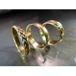 3 x Gold Wedding Bands. (1) 9ct Gold (London 1975) approx 6.86mm wide patterned band approx UK - Q