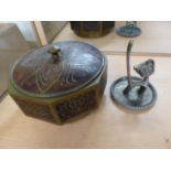 Brass inlaid caddy along with an Art Deco Seba cat ring stand