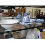 Large Copeland mixing bowl, Blue and White Willow pattern bowl (unmarked), Delph Blue and White