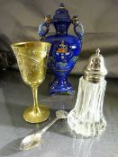 Moulded glass silver plated sugar shaker, Urn china figure marked Doric to base, Etched goblet and a
