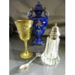 Moulded glass silver plated sugar shaker, Urn china figure marked Doric to base, Etched goblet and a