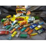 Small collection of Corgi, Dinky and Matchbox Toy cars - very few boxed over two shelves