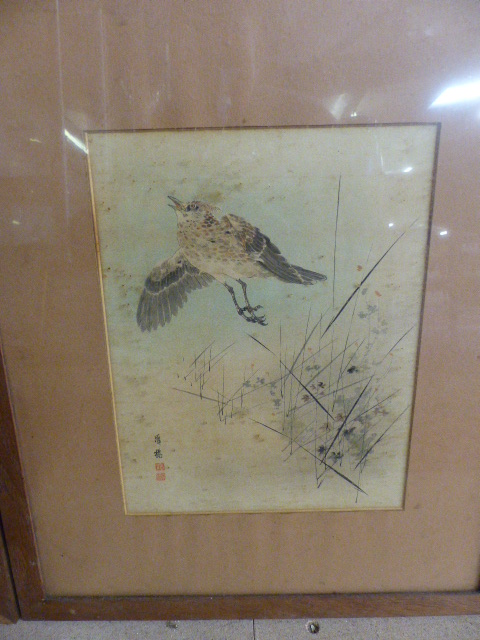 Set of Three japanese watercolours of birds with Red signature marks - Image 2 of 5