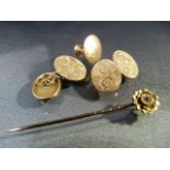 15ct Gold stick pin set with a small Ruby. A pair of 9ct Gold (Chester 1897), hand engraved double