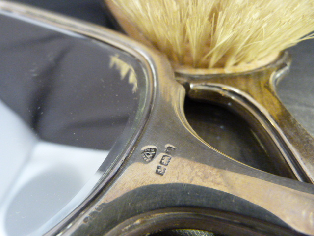 Hallmarked silver dressing table brush and mirror with Golden Gullioche enamel. By Adie Brothers Ltd - Image 4 of 8