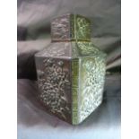 Oriental Bronzed Tea Caddy with Lid and Cover. Decorated with embossed floral motif's