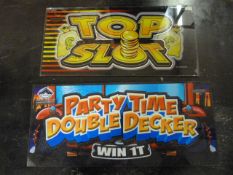 Two panels for a pub fruit machine - 'Party Time Double Decker' and 'Top Slots' (1 is Pyrex)