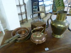 Collection of Graduated copper jam pans with brass handles and other copper ware