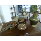 Collection of Graduated copper jam pans with brass handles and other copper ware