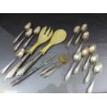 Set of 12 low grade silver teaspoons marked 100, Silver colour handled salad servers, Three other