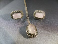 Vintage Silver Rose Quartz and Marcasite pendant and earrings set. The Emeral shaped Cabachon pale