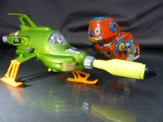 DINKY UFO Interceptor with partial packaging and a Tinplate clockwork Robot owl