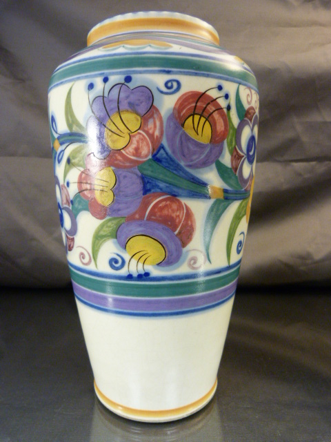 A 1930`s Poole Pottery Vase decorated in the YO pattern with coloured stylised flower heads and - Image 2 of 10