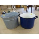 Large blue enamel cooking pot along with a similar galvanised steel bucket