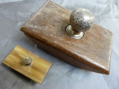 Oak blotter with large silver topped handle(not marked) along with another smaller one (not