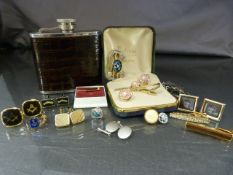 Collection of cuff-links to include Caithness, tie pins and money clips, a hip flask (some with