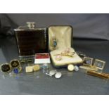 Collection of cuff-links to include Caithness, tie pins and money clips, a hip flask (some with