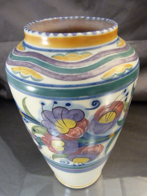 A 1930`s Poole Pottery Vase decorated in the YO pattern with coloured stylised flower heads and - Image 5 of 10
