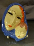 Bright Wall plaque c 1920's of Madonna and Child. Stamped to back 14843 II. Blue circular stamp to