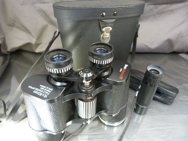 Pair of Boots Admiral III 12x50mm binoculars, cased. Along with a Sirius 10x25mm Field Monocular
