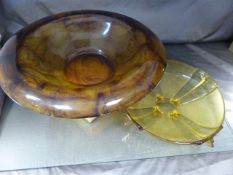 Two mid-century Amber coloured glass bowls. 1 light Amber coloured bowl in the Art Deco design along