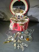 Red Jewellery box of costume jewellery, 152.5g of silver items, to include bangles brooches etc