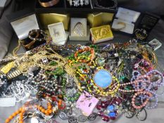 Mixed lot of Costume Jewellery, containing a small blue box of silver items (2 x Chain, Single