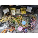 Mixed lot of Costume Jewellery, containing a small blue box of silver items (2 x Chain, Single