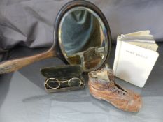 Celluloid covered bible along with a 10-12k pair of Spectacles A/F, Childrens Victorian shoe and