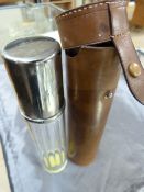 Leather cased Hunting Flask - leather case containing glass flask with detachable silverplated cup.