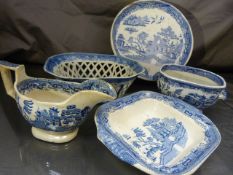 Early blue and white willow pattern china to include a Gravy boat with rectangular handle, lattice