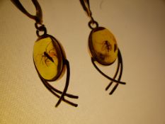 Pair of 14ct Amber (reconstructed) with mosquito trapped in each, Weight 2.3g
