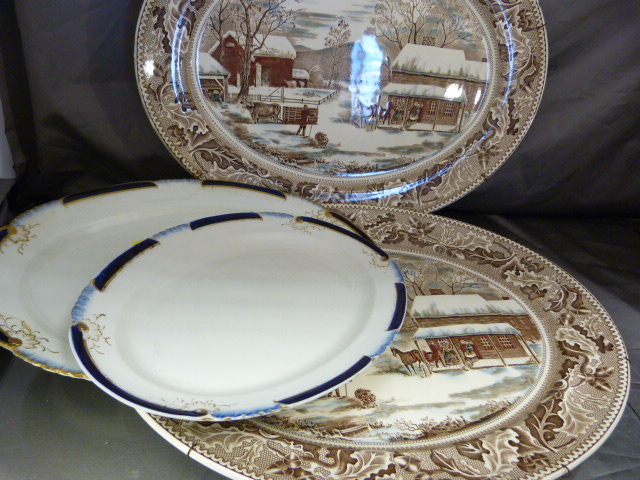Pair of Johnson Bro's meat platters in the pattern 'Thanksgiving' along with two others. Diameter of