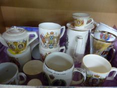 Tray containing various Commemorative china etc