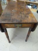 Antique mahogany drop leaf side table with single drawer and brass handles