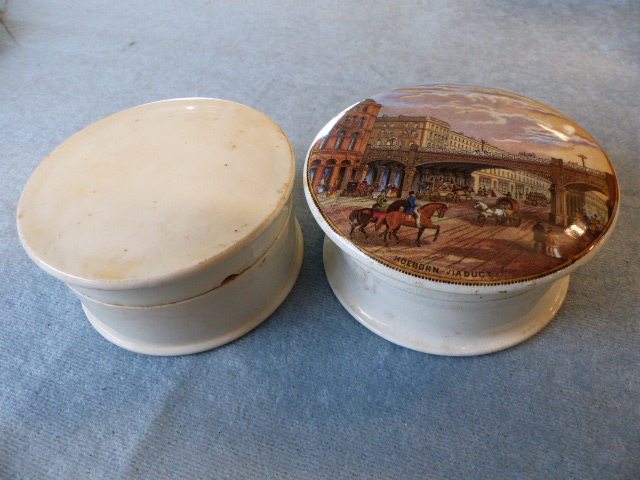 Pair of Pomade pots one with London Scene depicting Holburn Viaduct