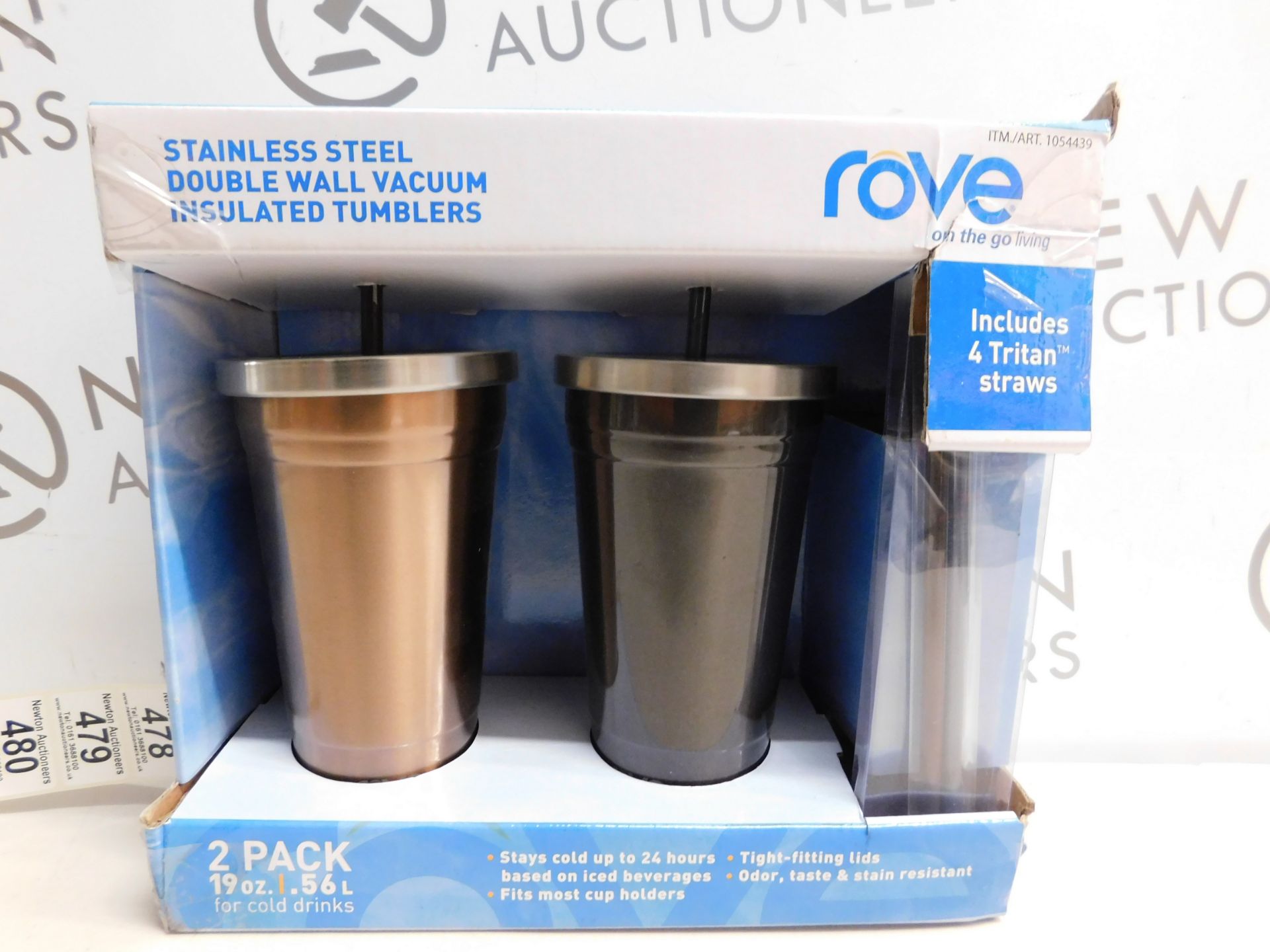 1 BRAND NEW BOX OF 2 ROVE STAINLESS STEEL DOUBLE WALL VACUUM INSULATED TUMBLERS WITH STRAWS RRP £