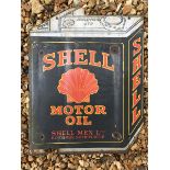 A Shell Motor Oil can-shaped double sided hanging enamel sign, 15 3/4 x 20".