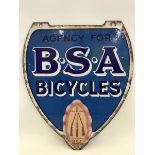 A BSA Bicycles pictorial double sided hanging Agency sign with some older patches of restoration