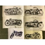 Six unframed prints of motorcycles, five black and white in side profile including the 2 3/4 hp twin