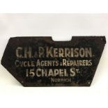 A shop delivery bicycle double sided tin advertising sign for C.H & P. Kerrison Cycle Agents and