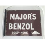 A rare 'Major's Benzole Pyramid Brand Sold Here' double sided enamel sign with replaced hanging