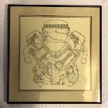 A framed and glazed print of a scaled drawing depicting a V-twin engine, 19 1/4 x 20 1/4".