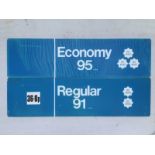 A pair of blue plastic petrol pump panel inserts for Regular 91 Octane and Economy 95 Octane.