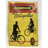 A Sunbeam Bicycles pictorial tin advertising sign depicting two cyclists in silhouette, 19 1/2 x