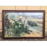 TERENCE CUNEO - Bentleys at Le Mans, a large framed and glazed print, 31 x 21".