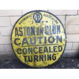 A large AA village enamel sign for Aston-on-Clun 'Caution Concealed Turning', by Jordan of