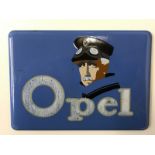 A reproduction enamel plaque advertising Opel, 5 1/2 x 4".