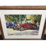 A framed and glazed print of a pre-war Aston Martin short chassis after a painting titled