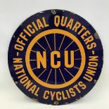 A National Cyclists Union Official Quarters circular blue and orange enamel sign with excellent